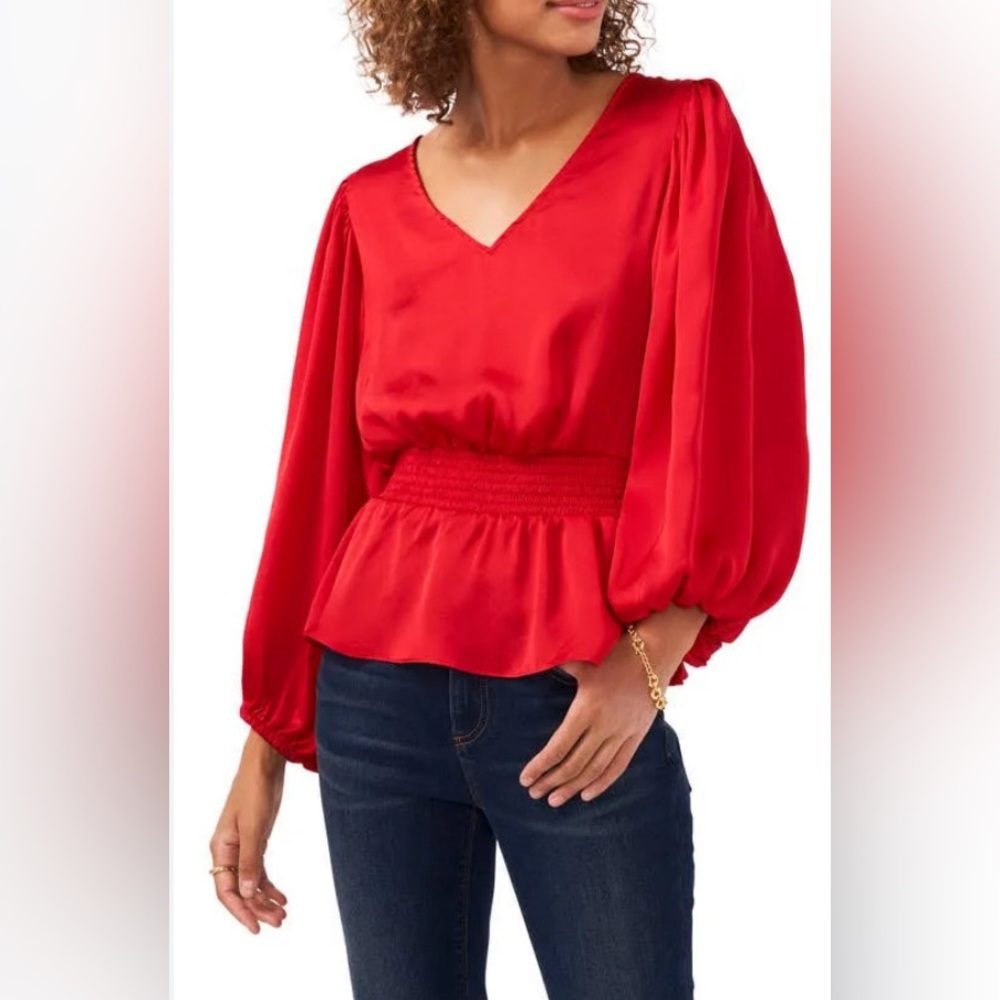 Vince Camuto Women's Smocked Peplum Red Blouse